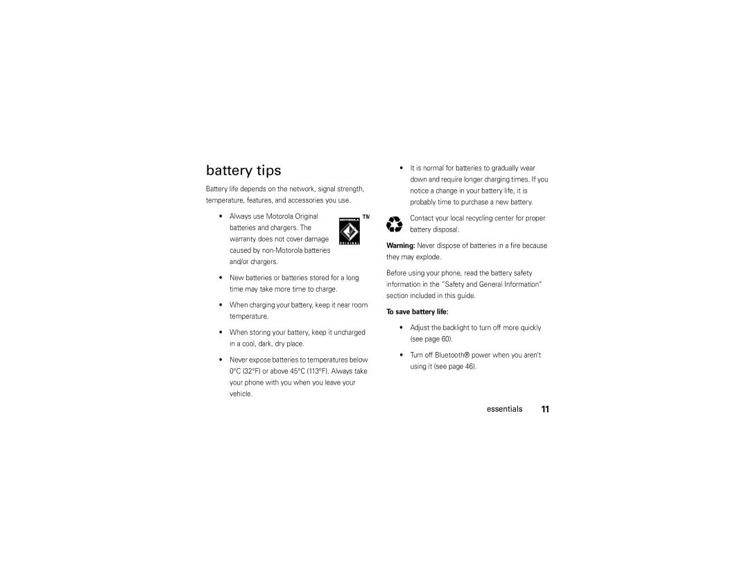 Motorola W385 manual Battery tips, Contact your local recycling center for proper, To save battery life 