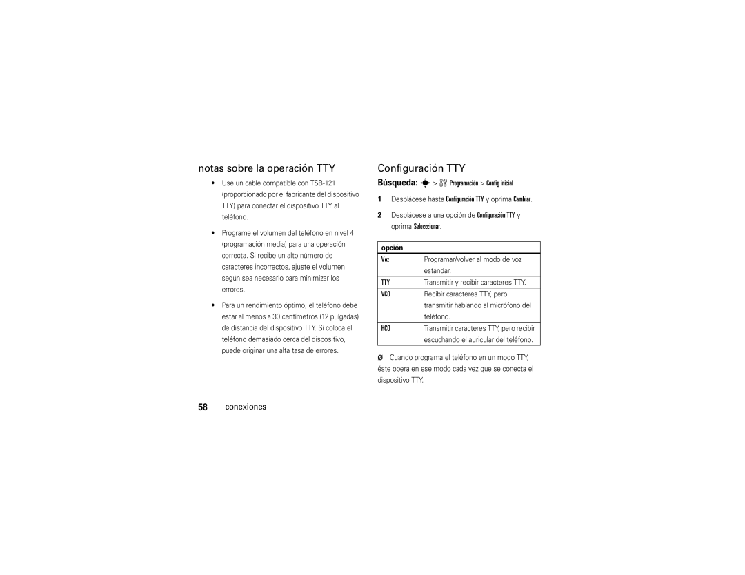 Motorola W385 manual Notas sobre la operación TTY, Configuración TTY, Voz, Opción 