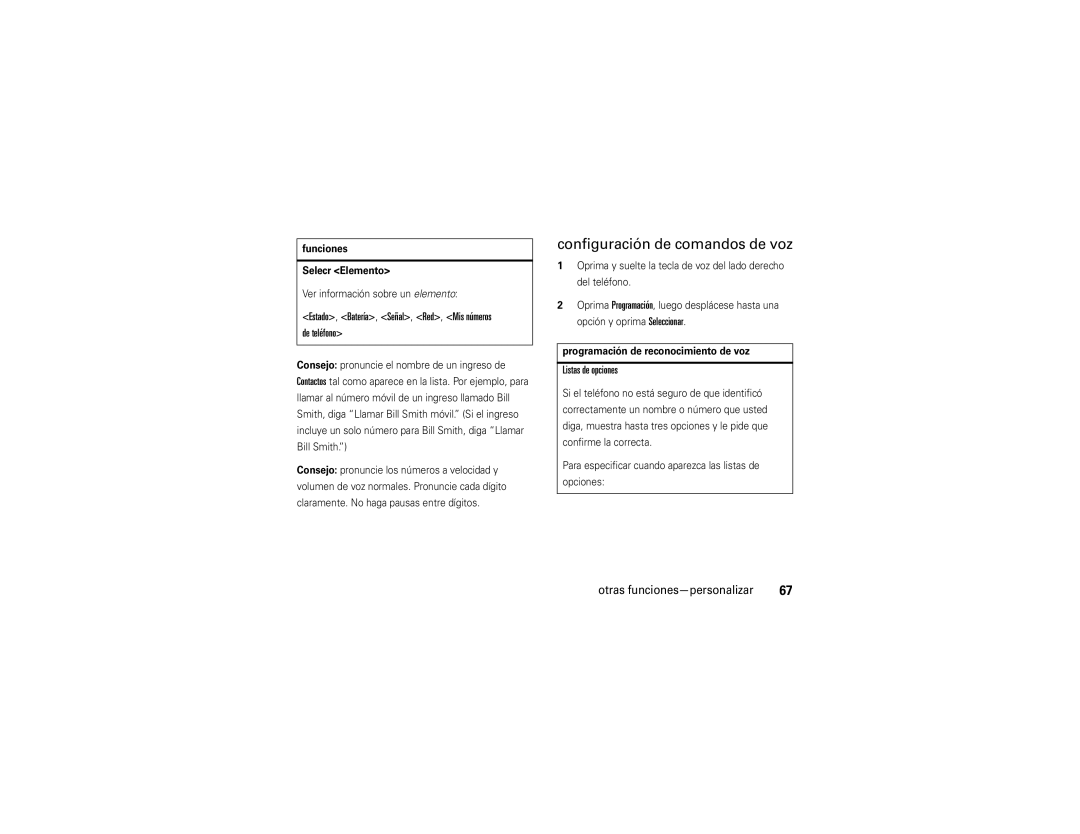 Motorola W385 manual Configuración de comandos de voz, De teléfono, Listas de opciones, Funciones Selecr Elemento 