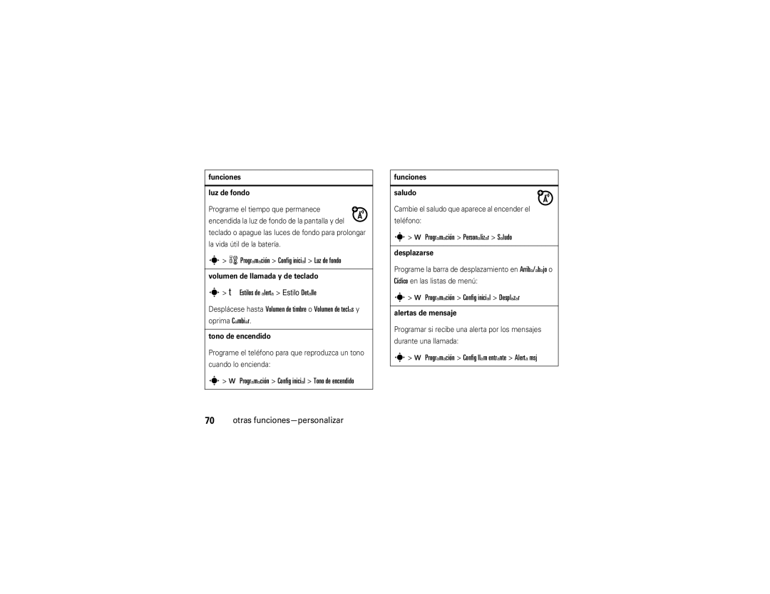 Motorola W385 Programación Config inicial Luz de fondo, Estilos de alerta Estilo Detalle, Programación Personalizar Saludo 