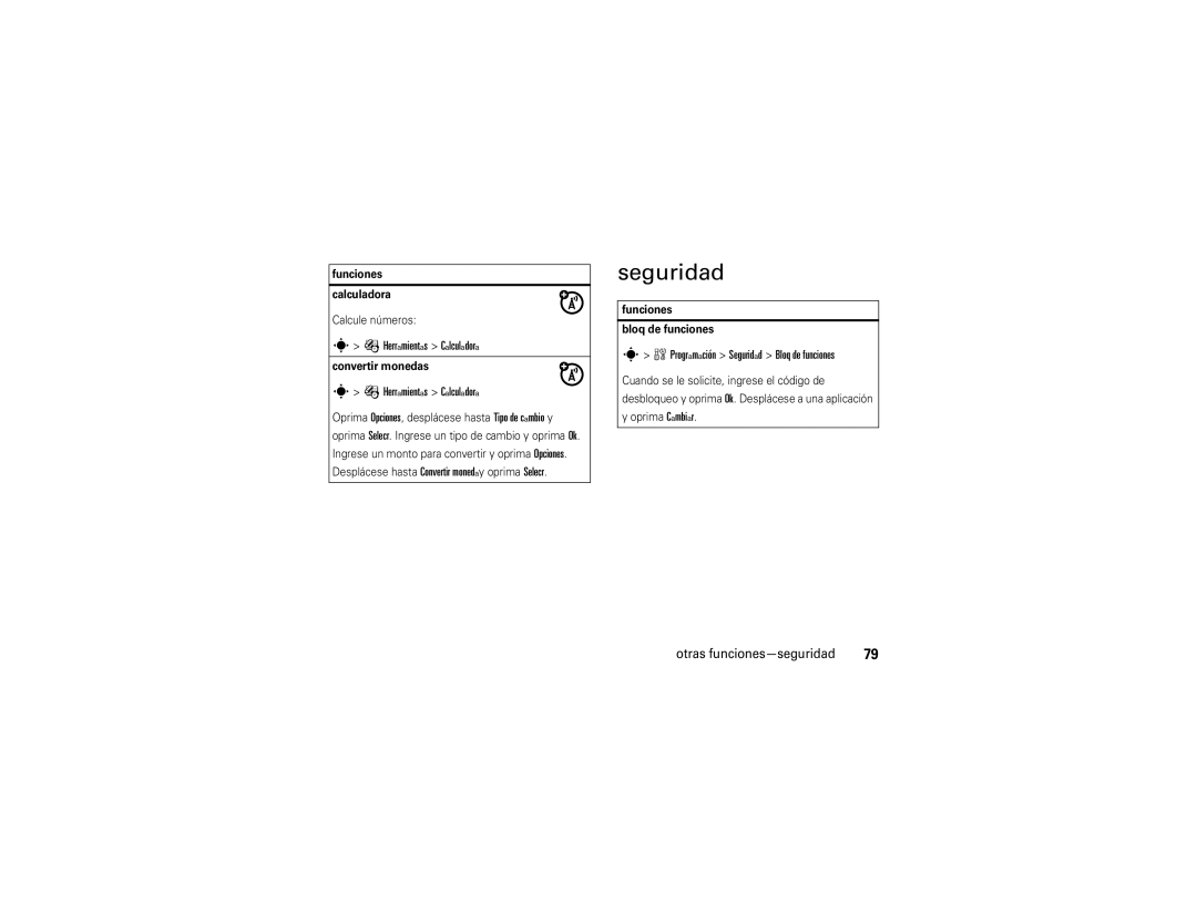 Motorola W385 manual Herramientas Calculadora, Programación Seguridad Bloq de funciones, Otras funciones-seguridad 