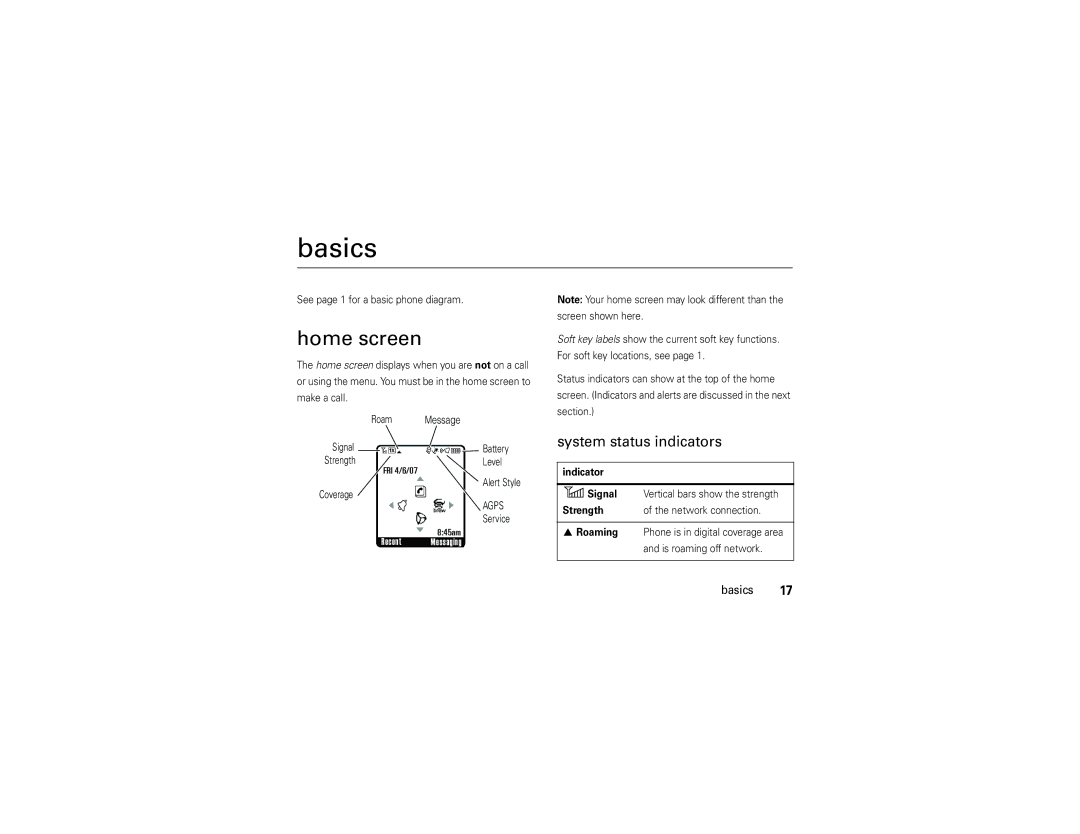 Motorola W385 manual Basics, Home screen, System status indicators, FRI 4/6/07 