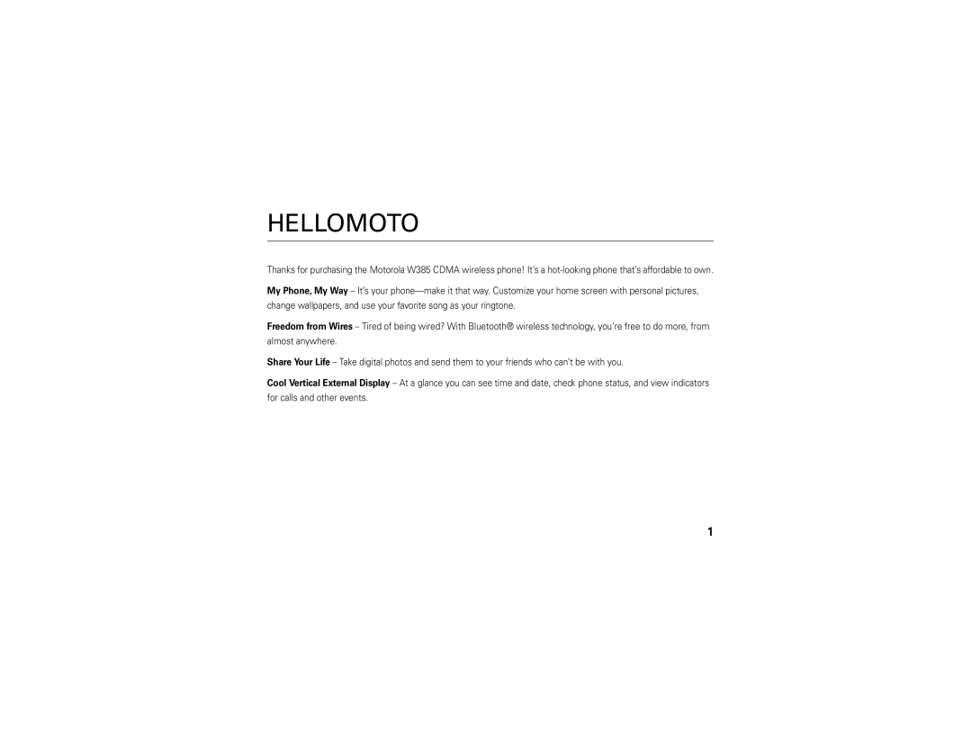 Motorola W385 manual Hellomoto, For calls and other events 