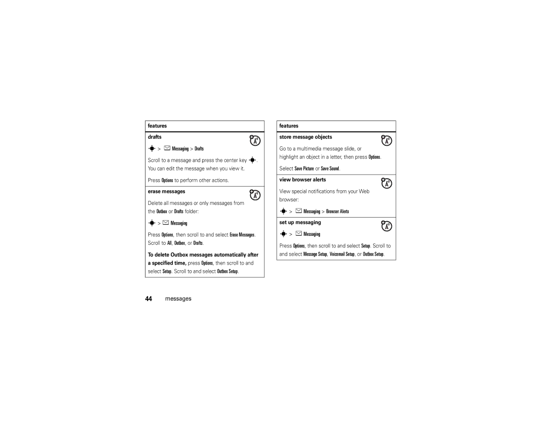 Motorola W385 manual EMessaging Drafts, Select Save Picture or Save Sound, EMessaging Browser Alerts 