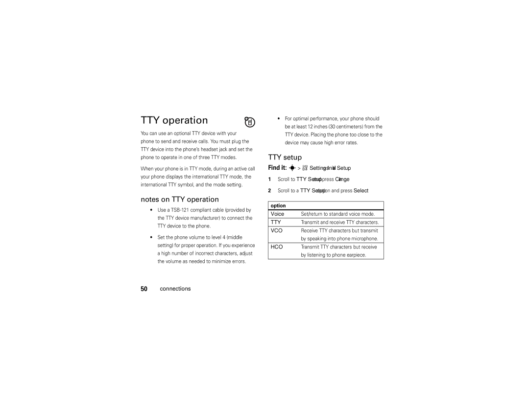 Motorola W385 manual TTY operation, TTY setup, Find it s w Settings Initial Setup, Voice, Option 