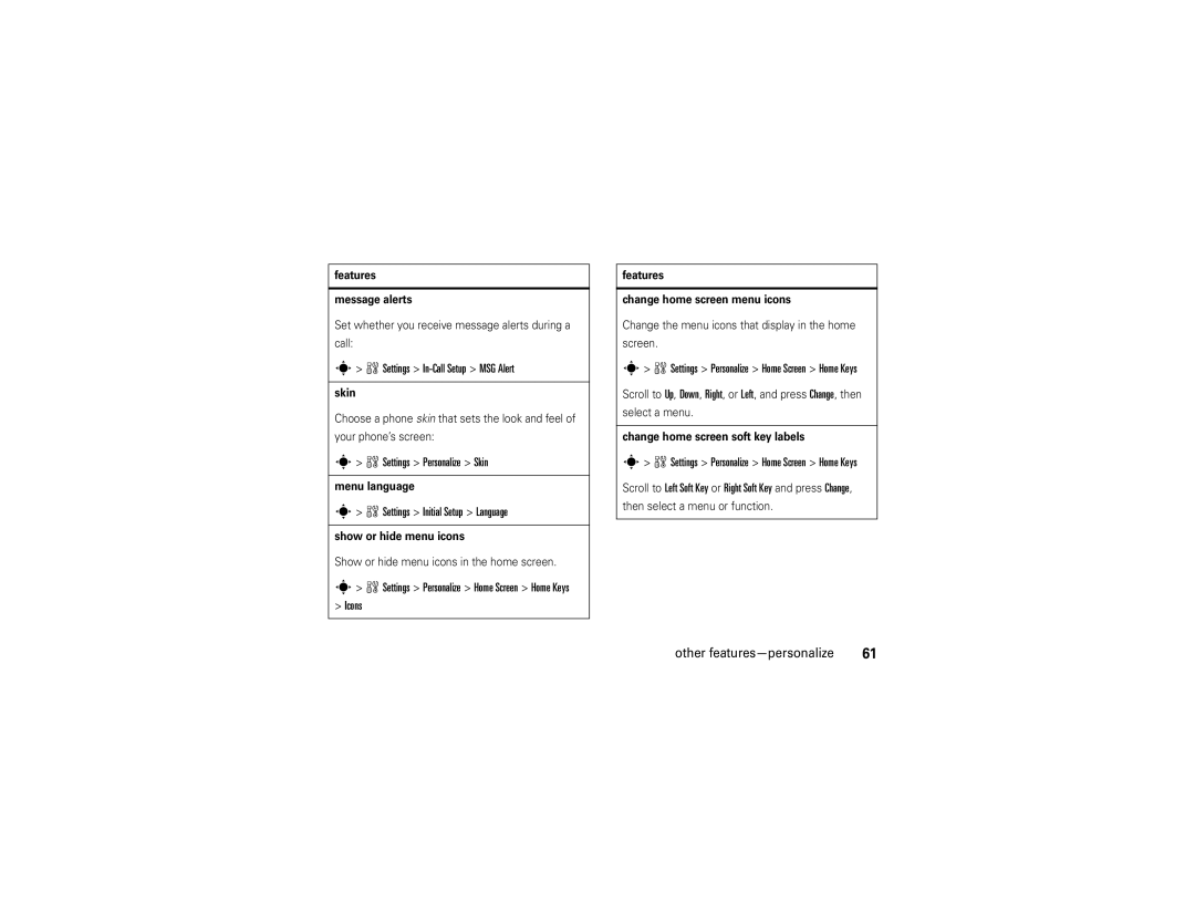 Motorola W385 manual Settings In-Call Setup MSG Alert, Settings Personalize Skin, Settings Initial Setup Language, Icons 