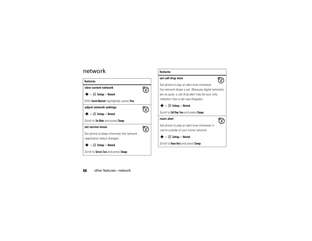 Motorola W385 manual Settings Network, Other features-network 