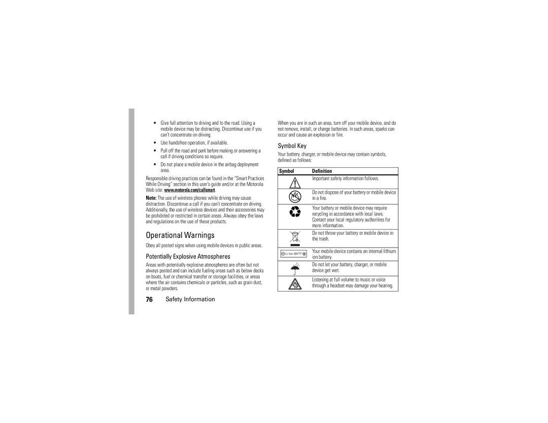 Motorola W385 manual Operational Warnings, Use handsfree operation, if available, Symbol Definition 