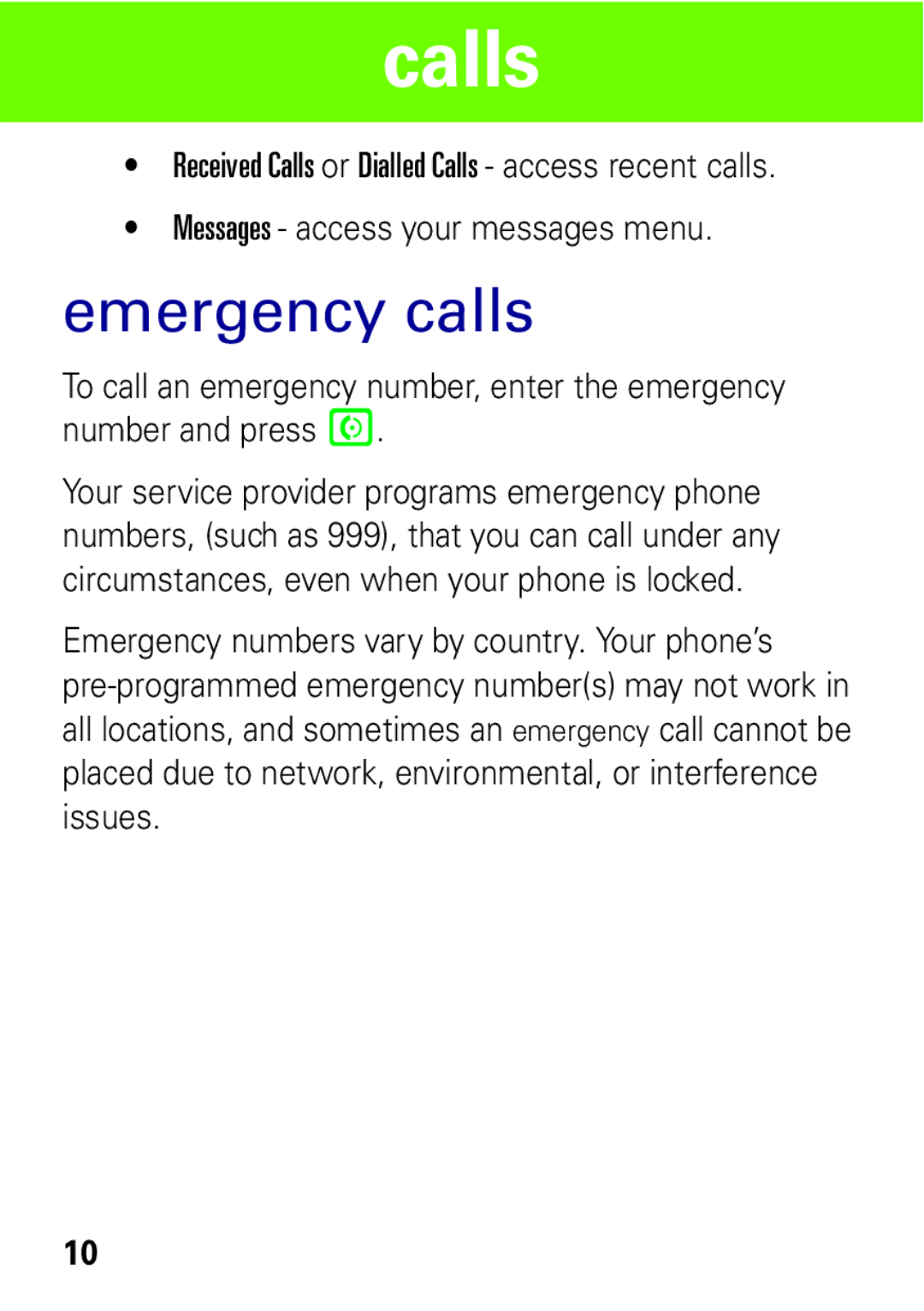 Motorola W396 manual Emergency calls 