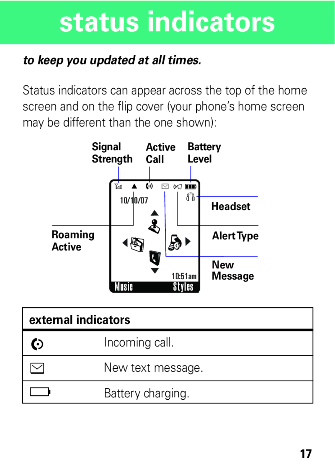 Motorola W396 manual Status indicators, To keep you updated at all times 