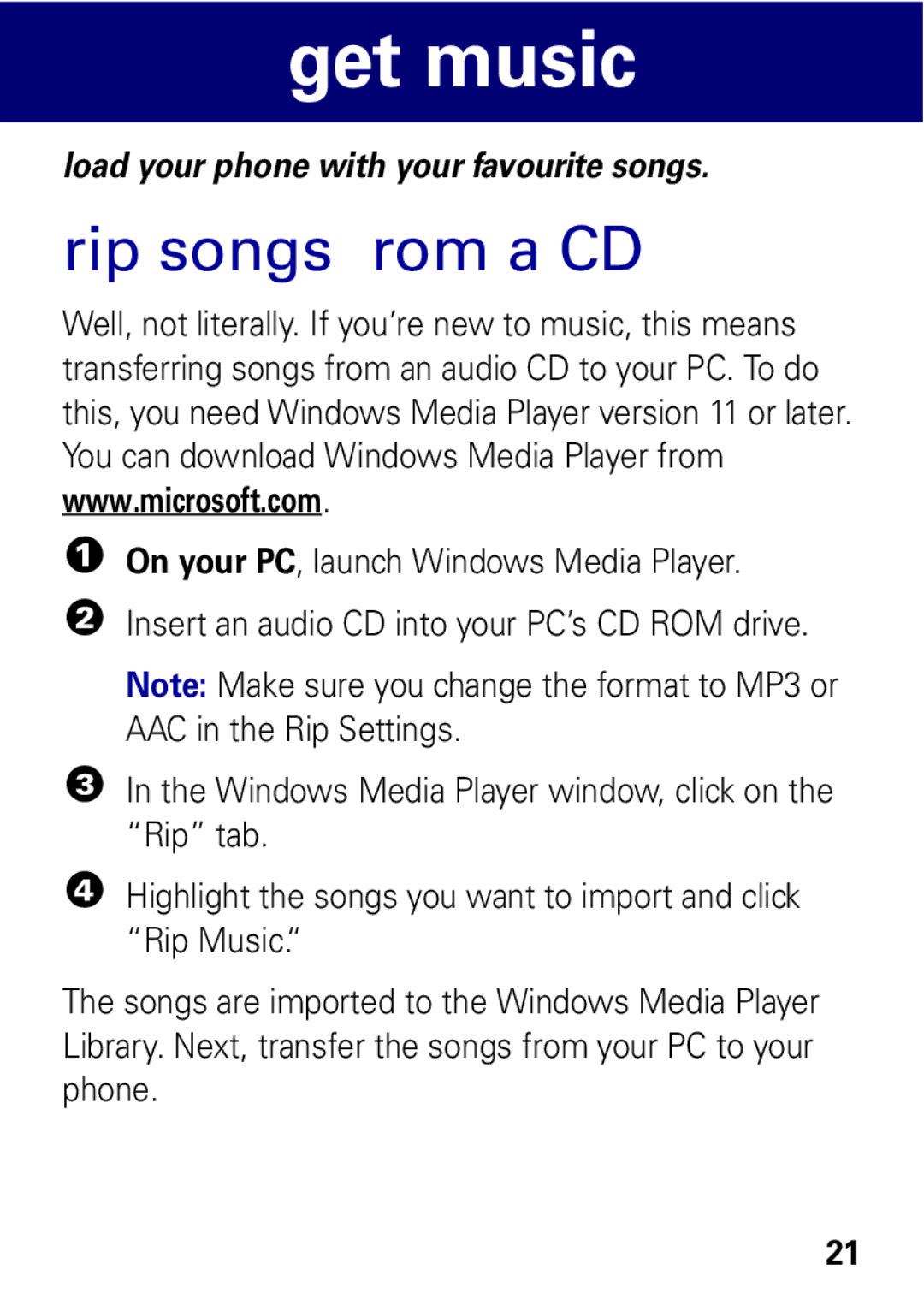 Motorola W396 manual Get music, Rip songs from a CD 