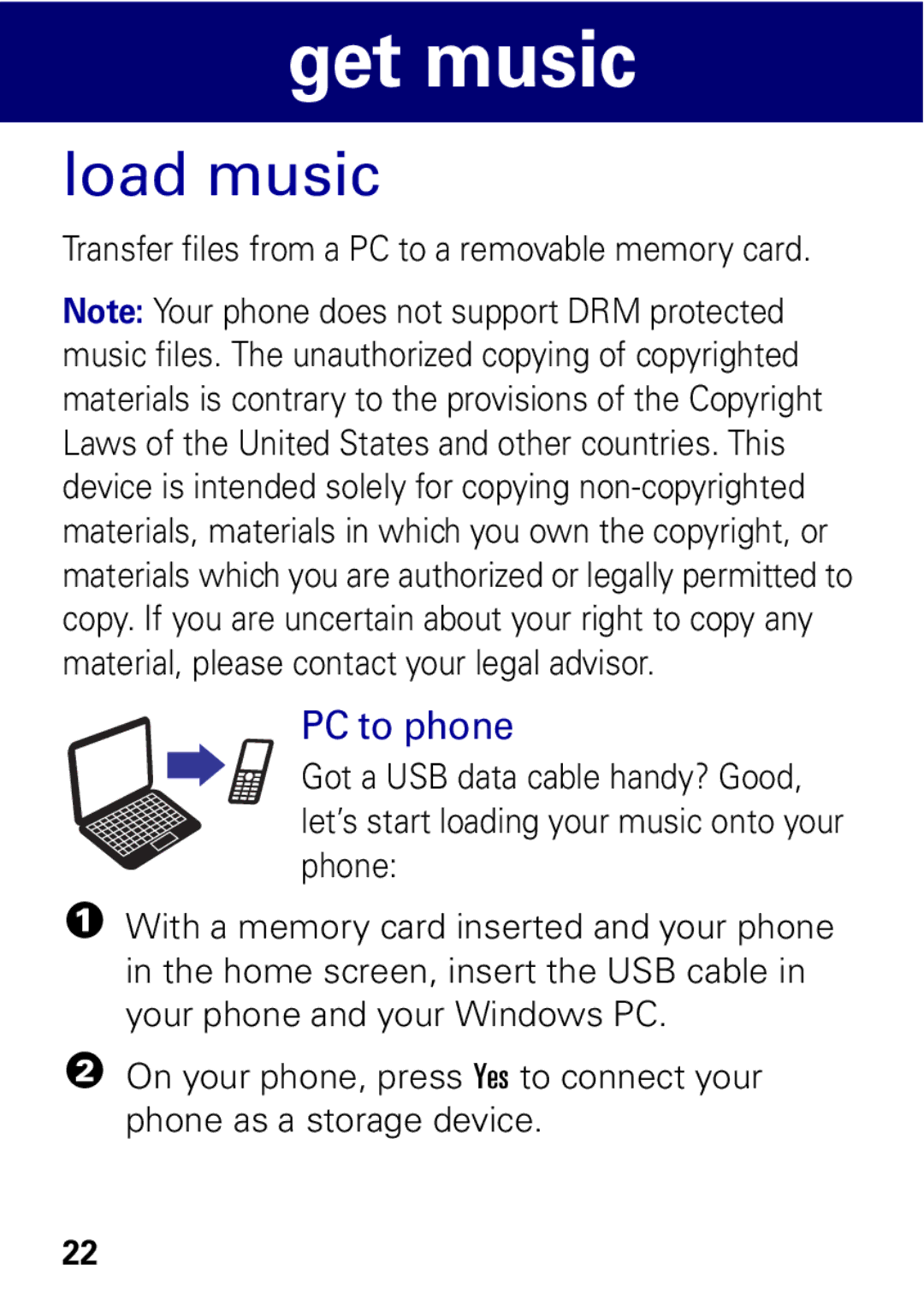 Motorola W396 manual Load music, PC to phone 