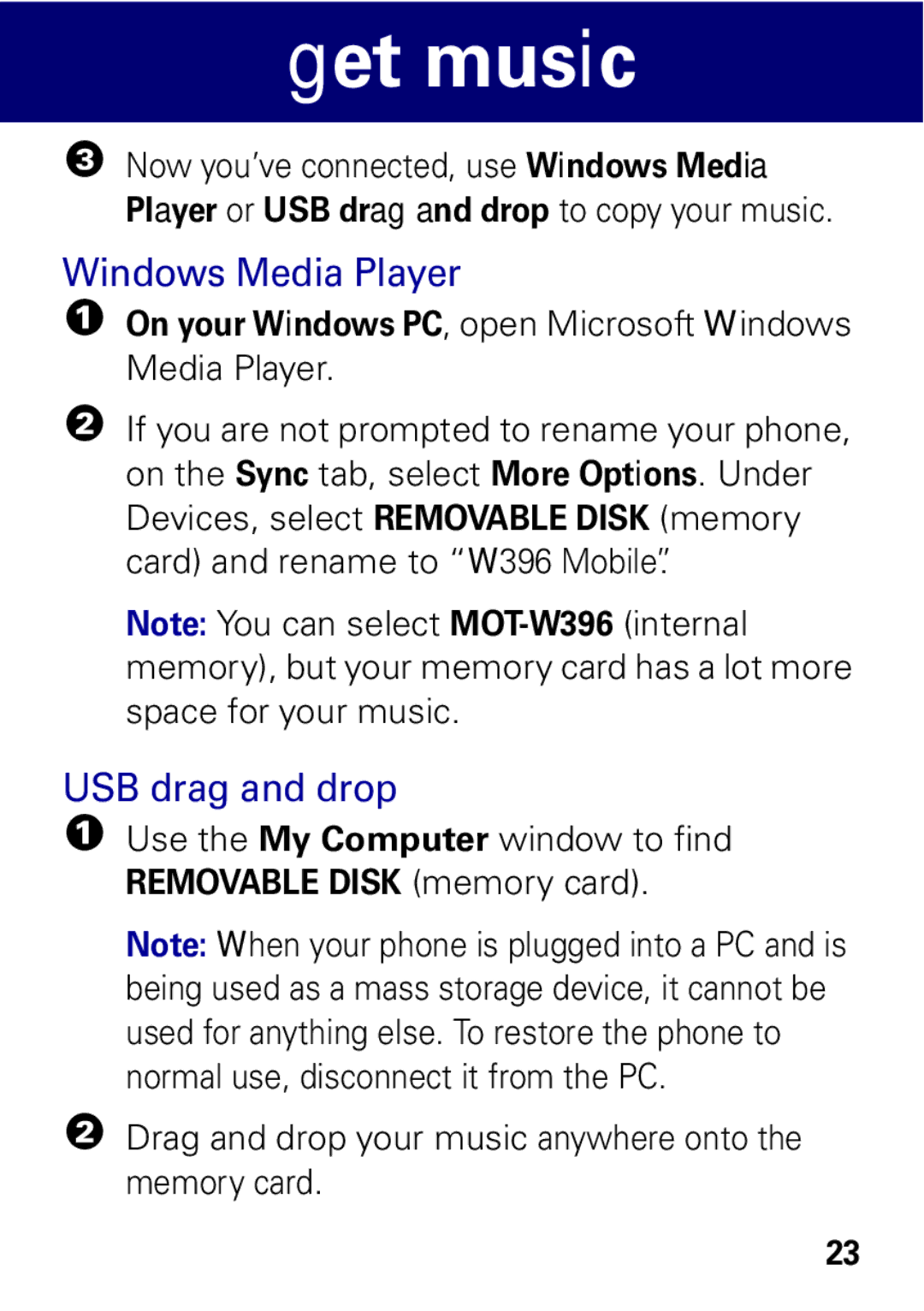 Motorola W396 manual Windows Media Player, Player or USB drag and drop to copy your music 