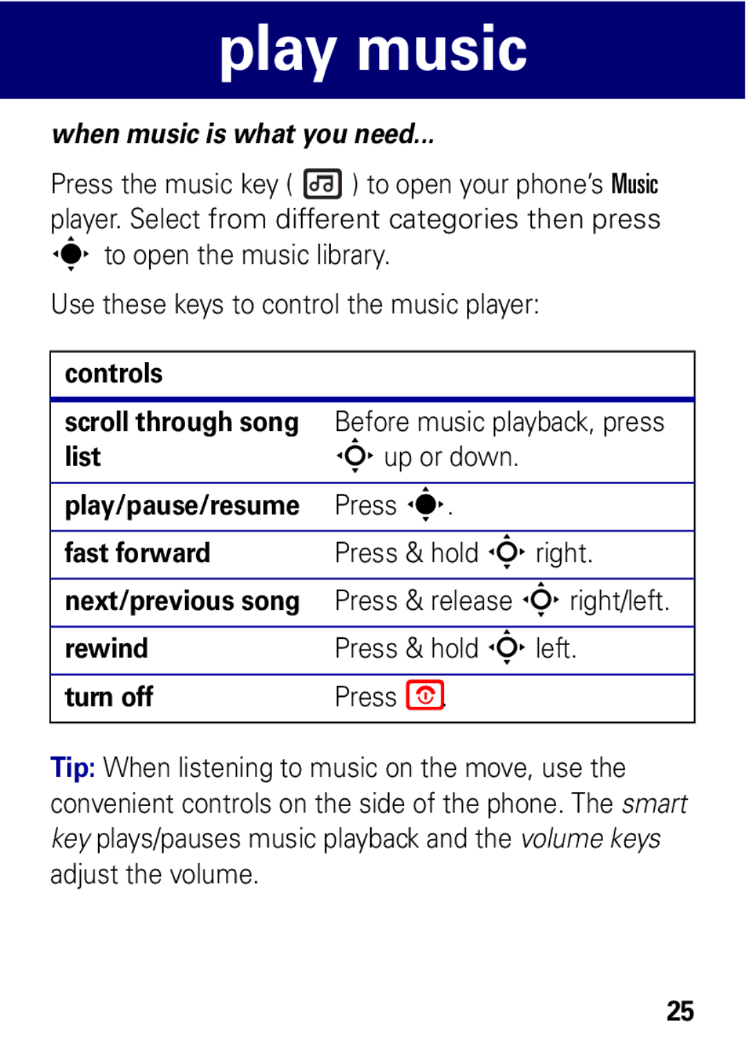 Motorola W396 manual Play music, Play/pause/resume 