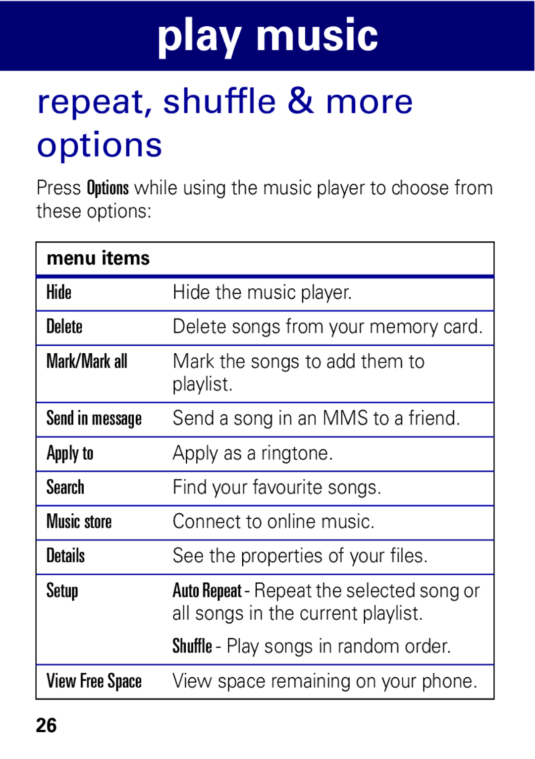 Motorola W396 manual Repeat, shuffle & more options, Menu items 