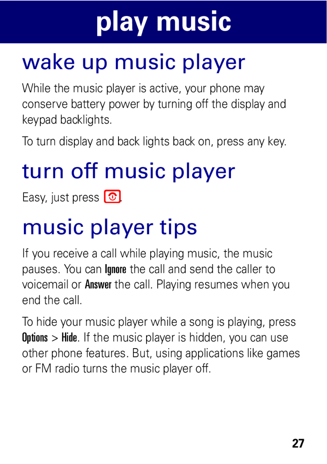 Motorola W396 manual Wake up music player, Turn off music player, Music player tips 