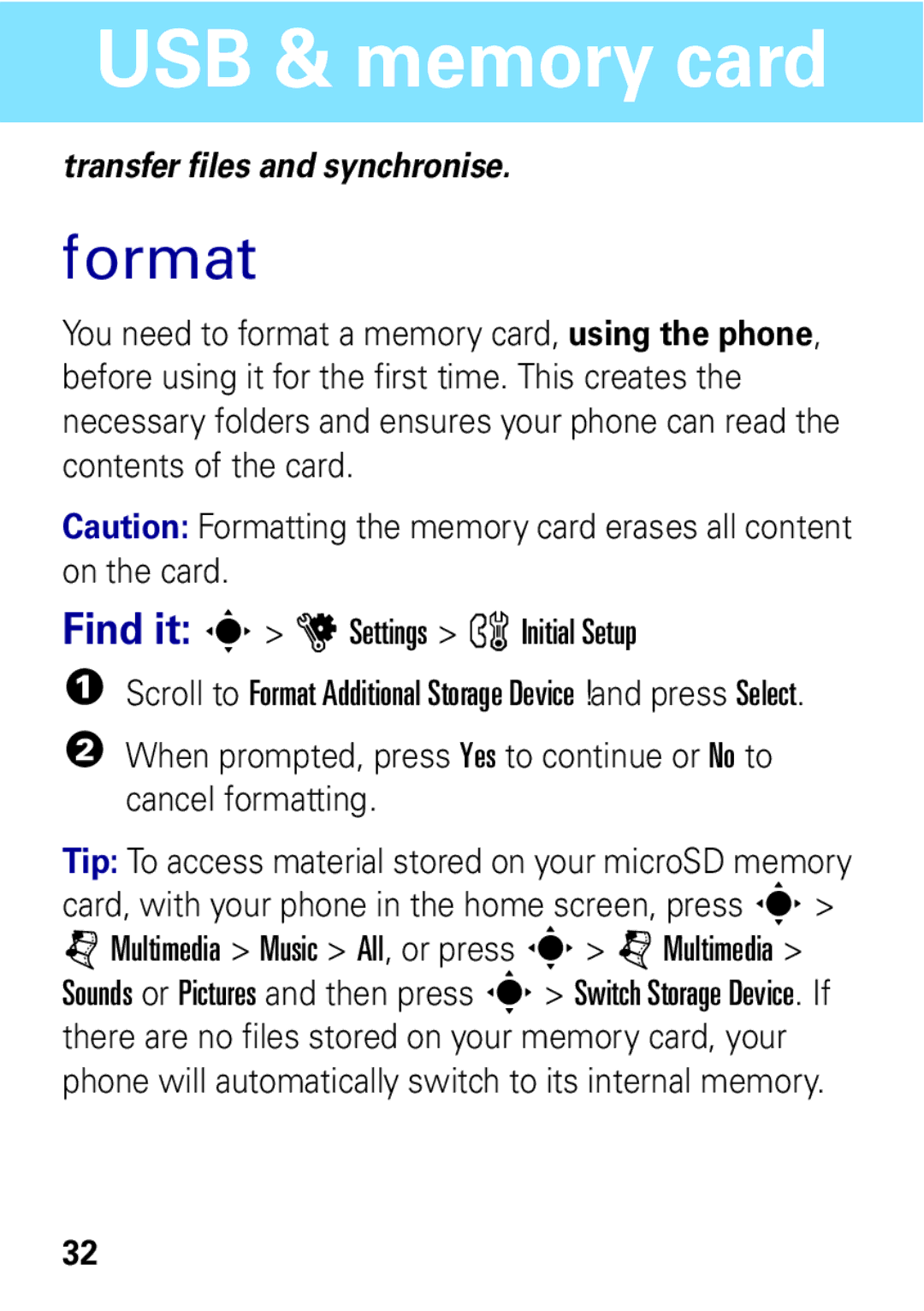 Motorola W396 manual USB & memory card, Format 