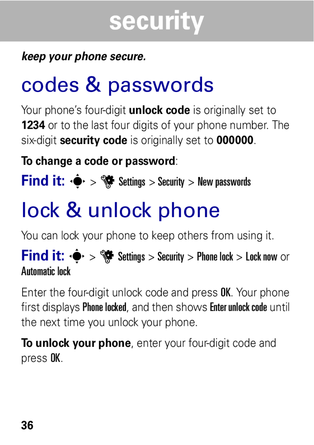 Motorola W396 manual Security, Codes & passwords, Lock & unlock phone 