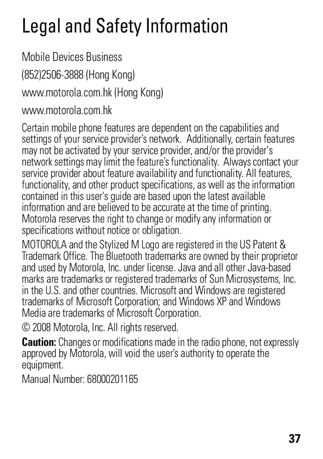 Motorola W396 manual Legal and Safety Information 