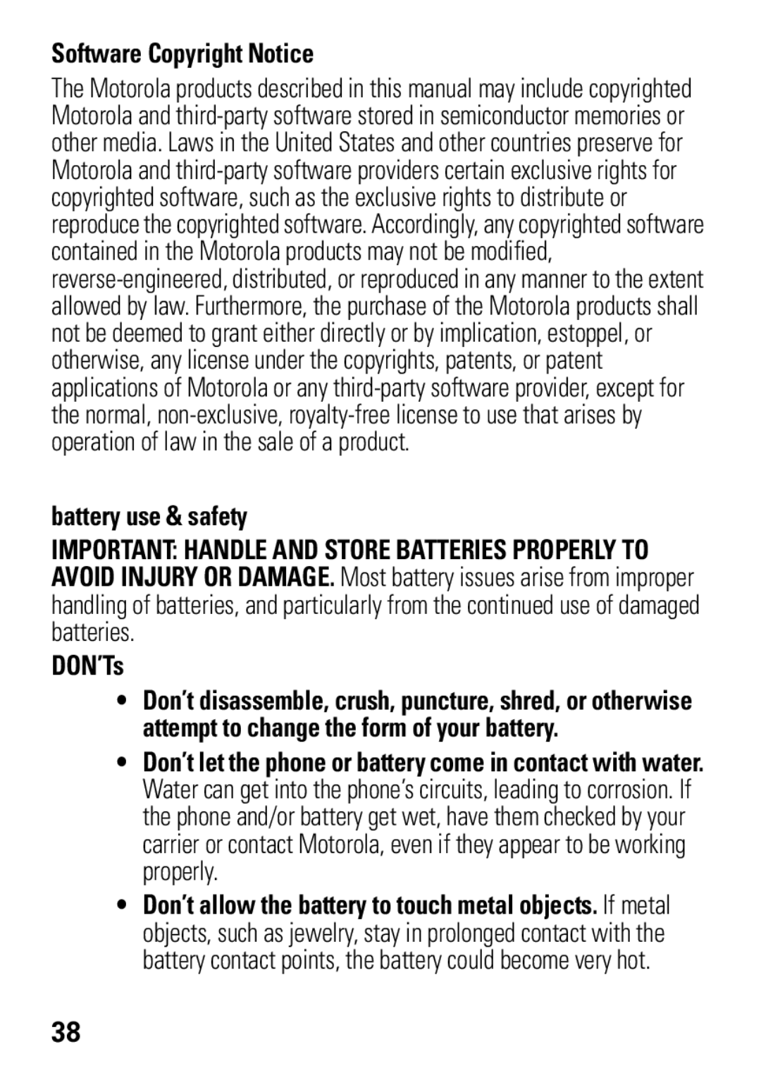 Motorola W396 manual Software Copyright Notice, Battery use & safety, DON’Ts 