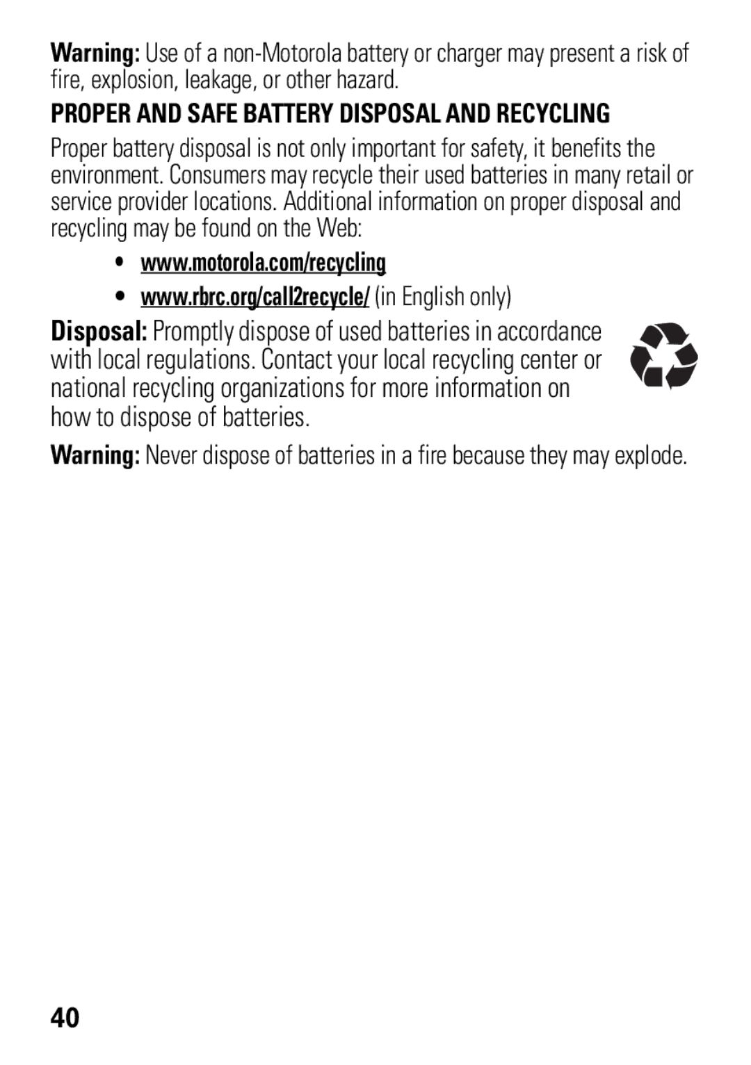 Motorola W396 manual Proper and Safe Battery Disposal and Recycling 