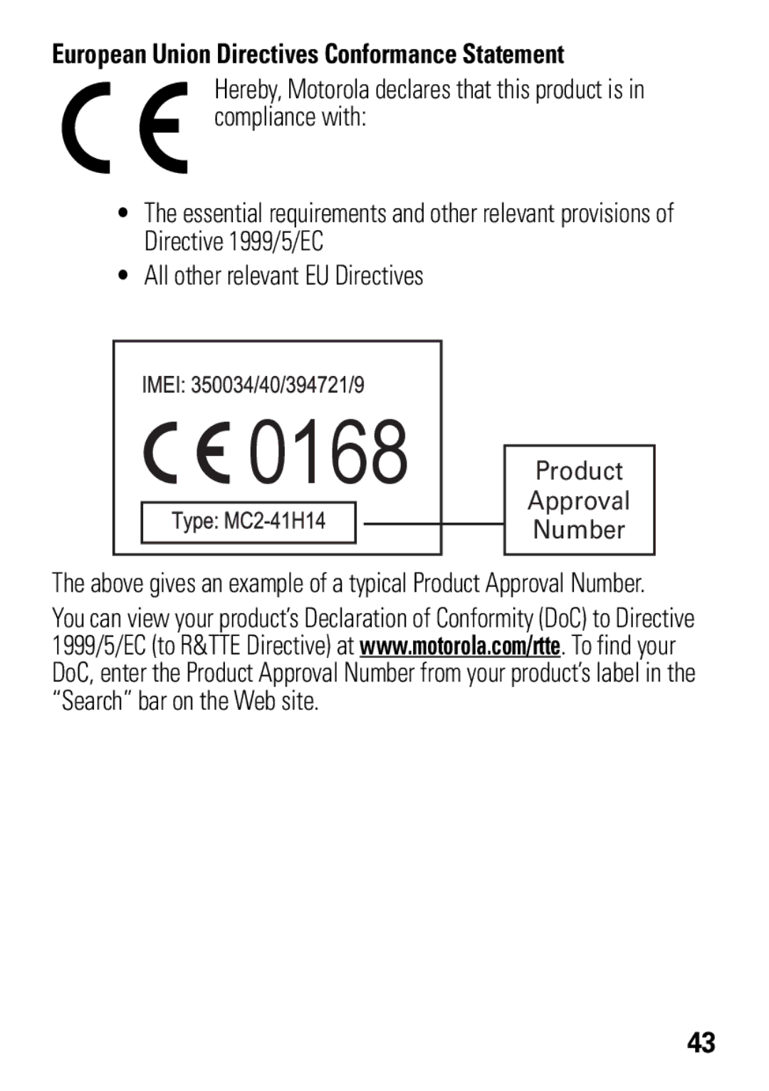 Motorola W396 manual 0168, European Union Directives Conformance Statement 