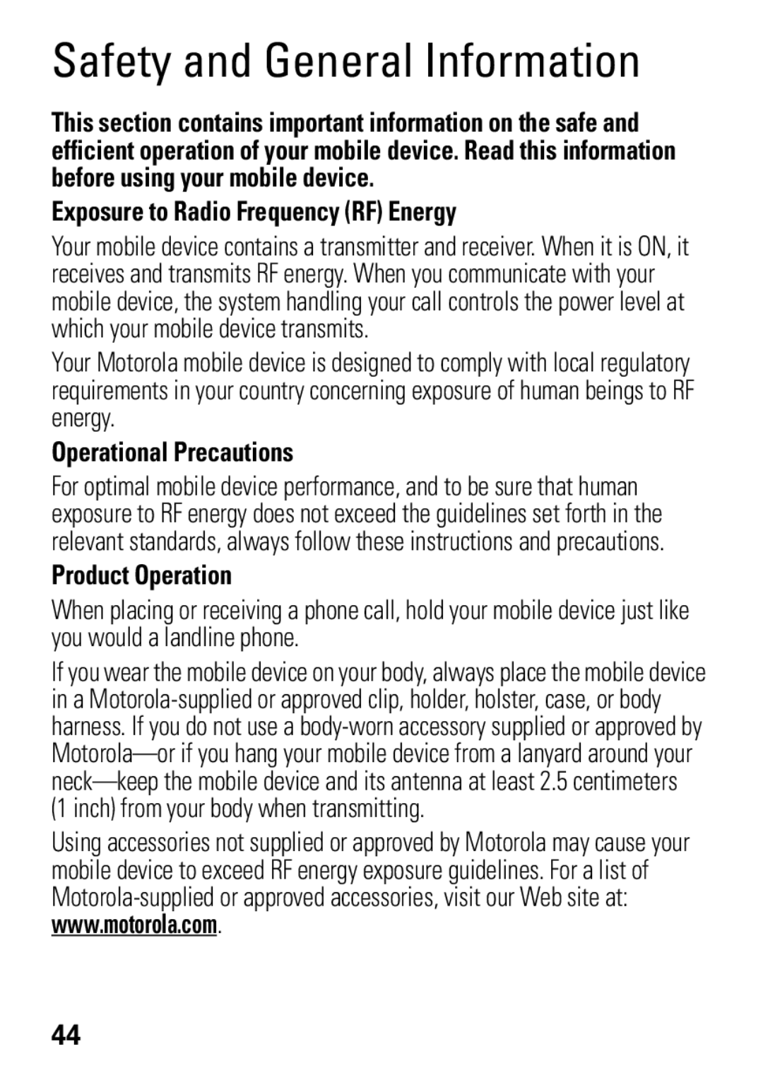 Motorola W396 manual Exposure to Radio Frequency RF Energy, Operational Precautions, Product Operation 