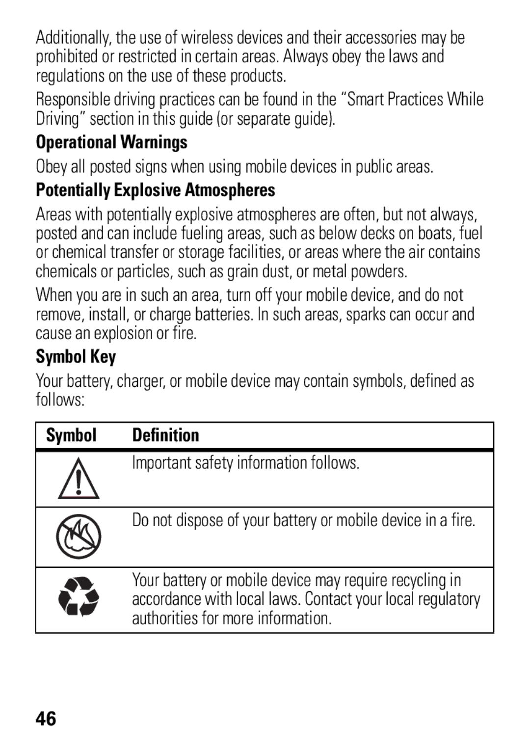 Motorola W396 manual Operational Warnings, Potentially Explosive Atmospheres, Symbol Key, Symbol Definition 