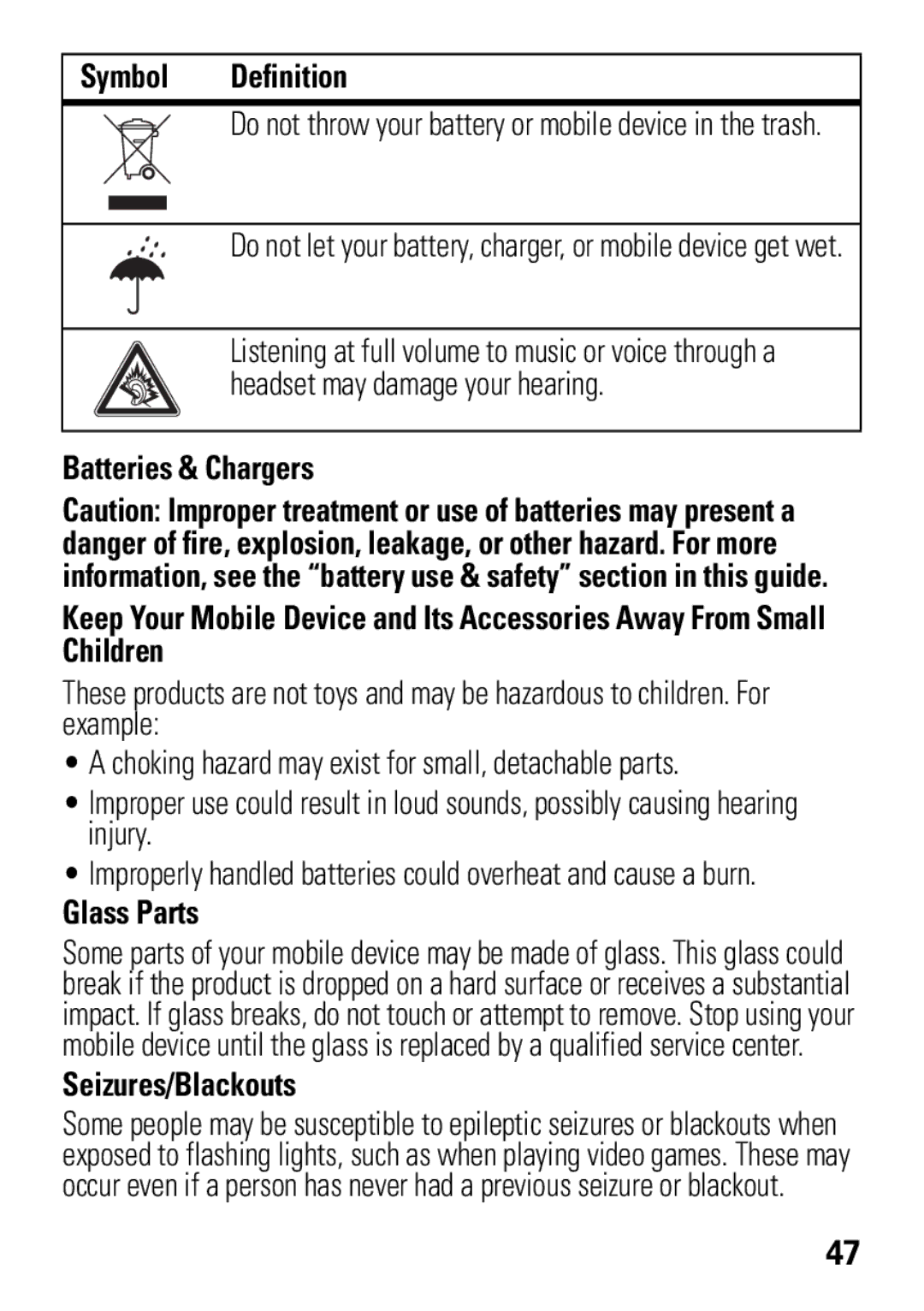 Motorola W396 manual Glass Parts, Seizures/Blackouts 