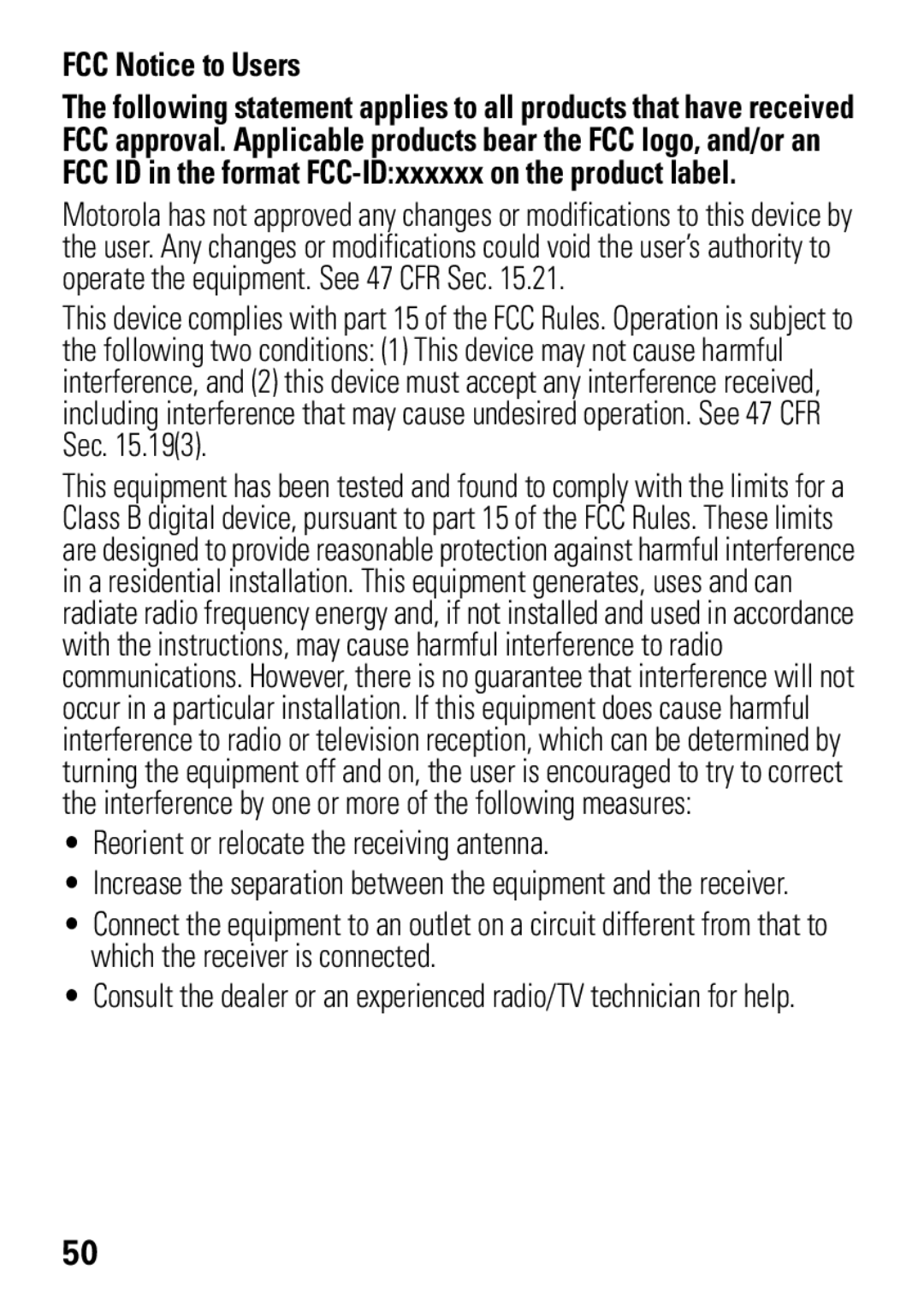 Motorola W396 manual FCC Notice to Users, Reorient or relocate the receiving antenna 