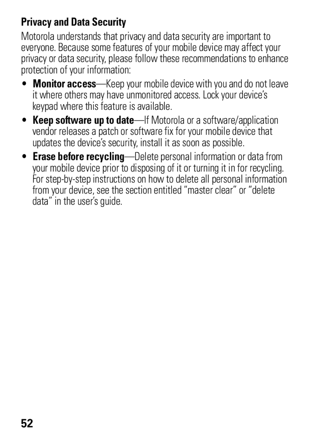 Motorola W396 manual Privacy and Data Security 