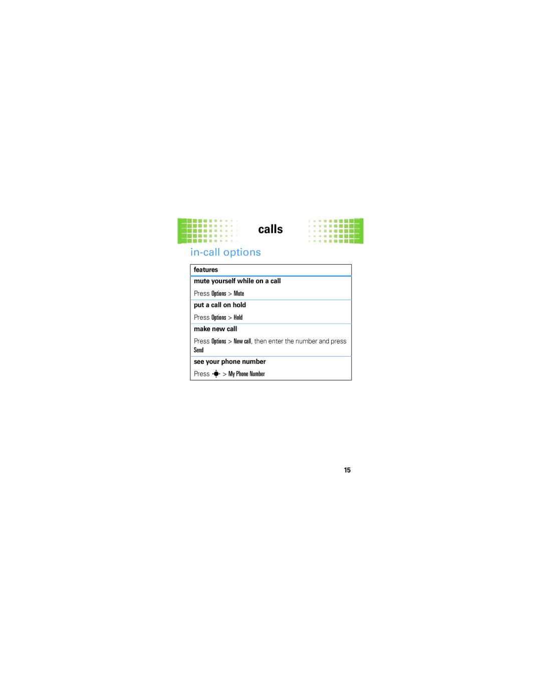 Motorola W408G manual In-call options, Features Mute yourself while on a call, Put a call on hold, Make new call 