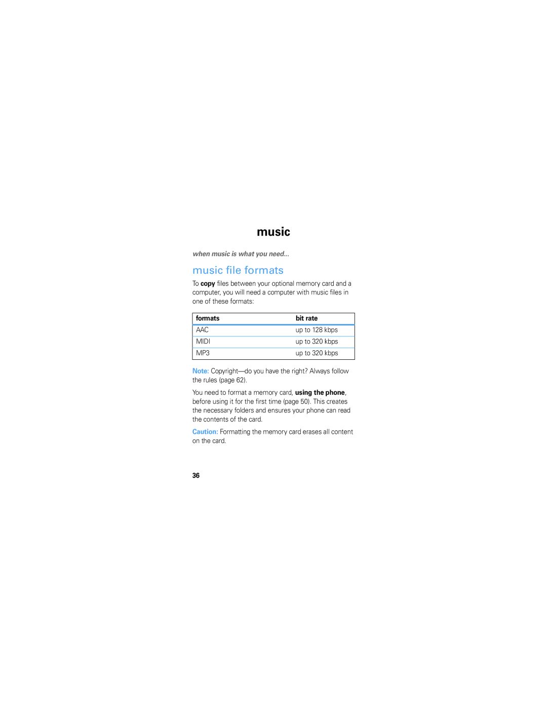 Motorola W408G manual Music file formats, Formats Bit rate, Up to 128 kbps, Up to 320 kbps 