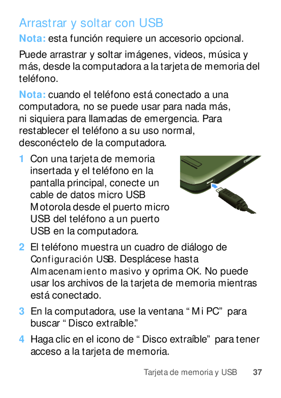 Motorola W409G manual Arrastrar y soltar con USB, El teléfono muestra un cuadro de diálogo de 