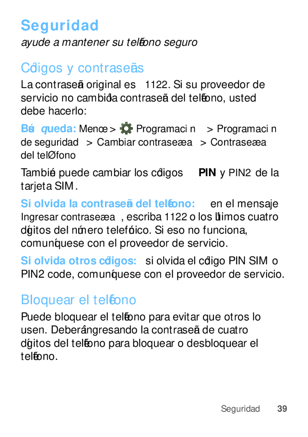 Motorola W409G manual Seguridad, Códigos y contraseñas, Bloquear el teléfono 