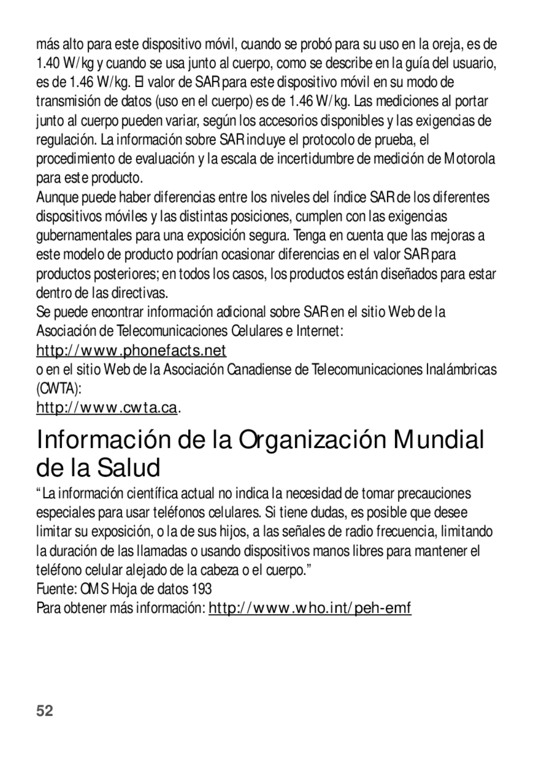 Motorola W409G manual Información de la Organización Mundial de la Salud, Fuente OMS Hoja de datos 