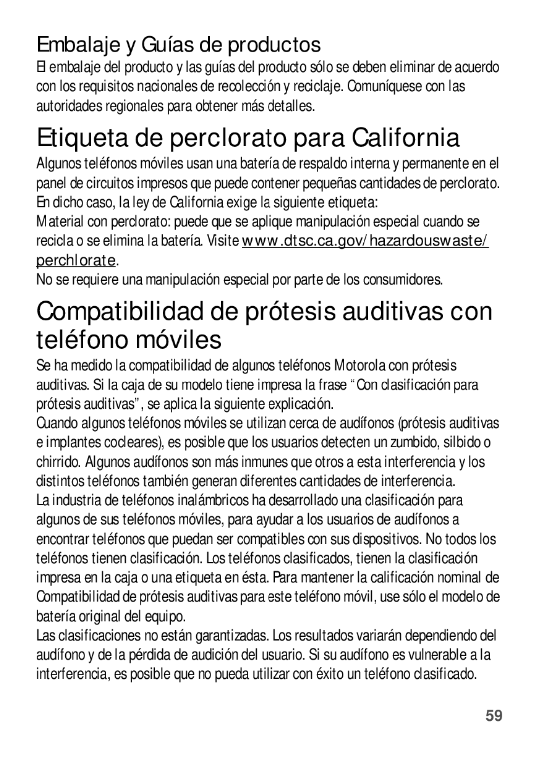 Motorola W409G manual Etiqueta de perclorato para California, Compatibilidad de prótesis auditivas con teléfono móviles 