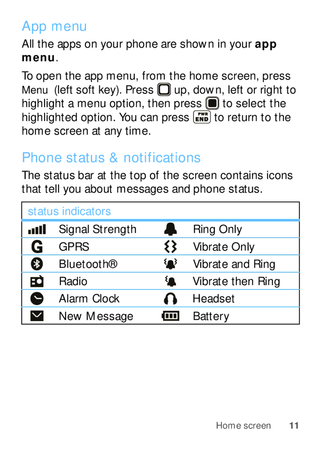 Motorola W409G App menu, Phone status & notifications, All the apps on your phone are shown in your app menu, Vibrate Only 