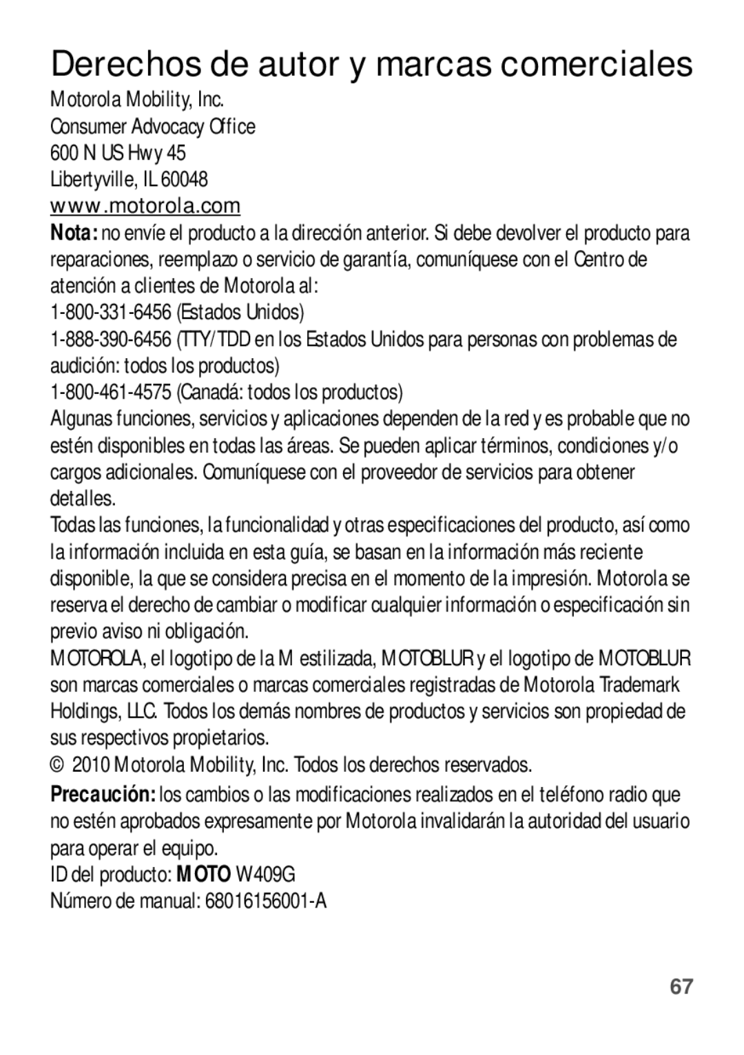 Motorola Estados Unidos Canadá todos los productos, ID del producto Moto W409G Número de manual 68016156001-A 