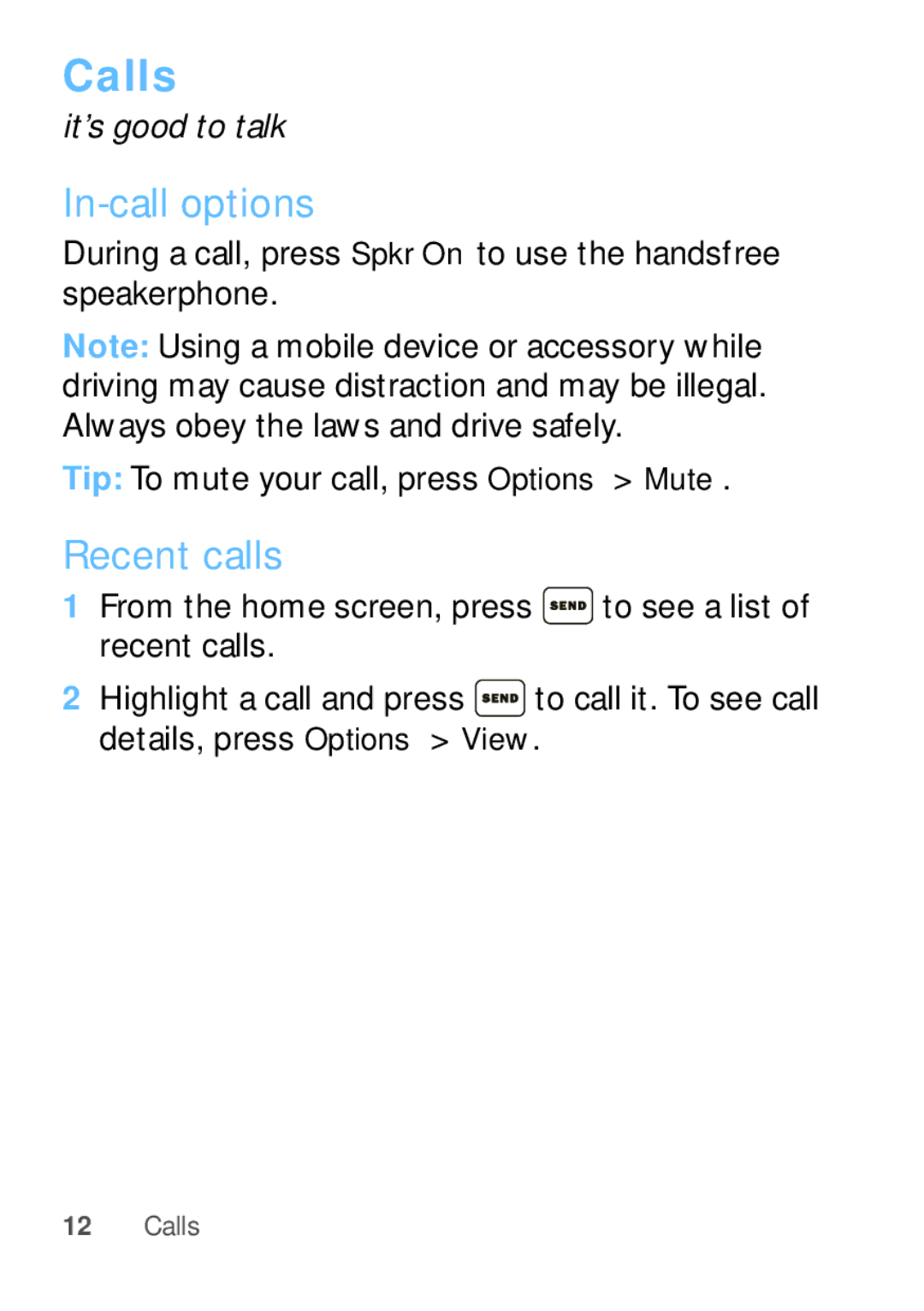 Motorola W409G manual Calls, In-call options, Recent calls 