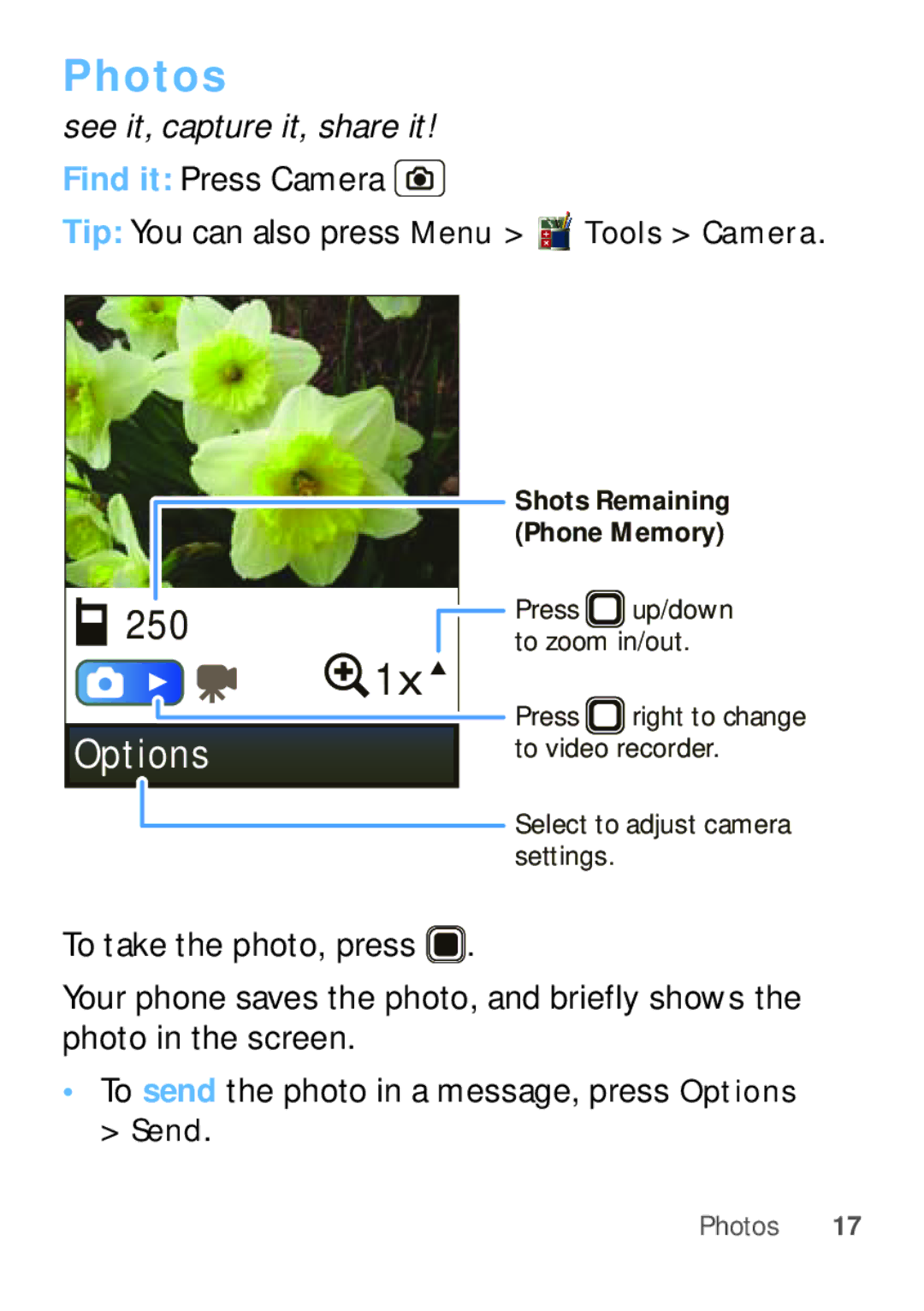 Motorola W409G manual Photos, Options 