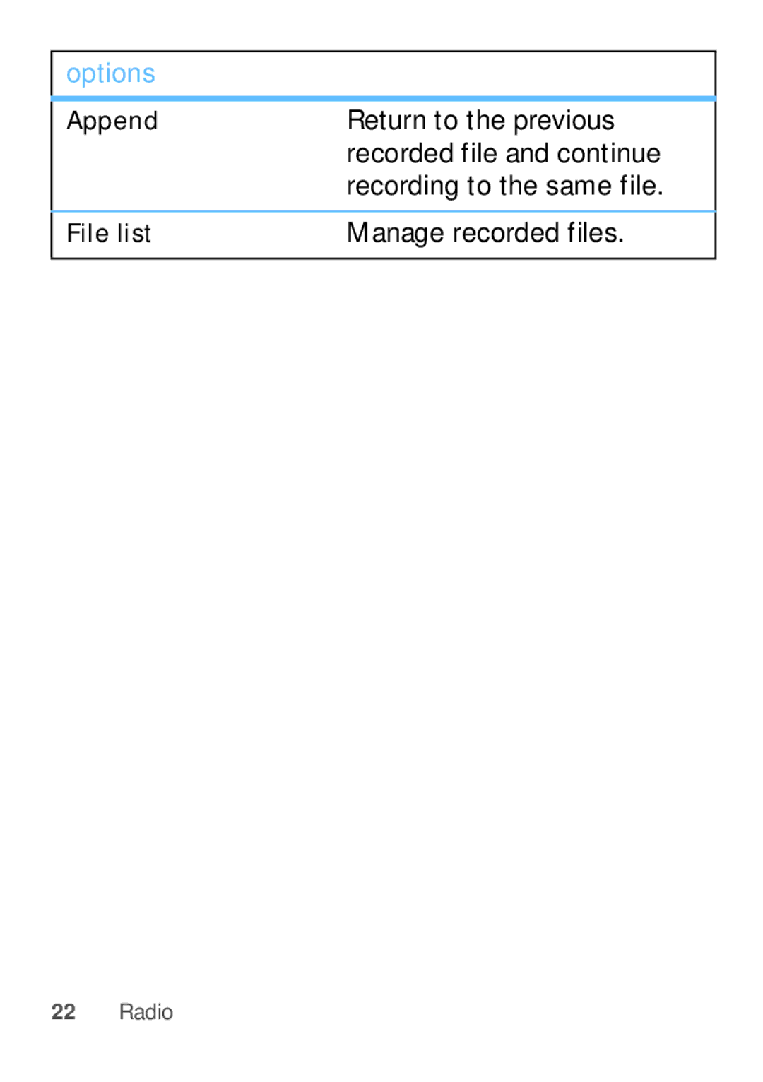 Motorola W409G manual Return to the previous, Recorded file and continue, Recording to the same file, Manage recorded files 