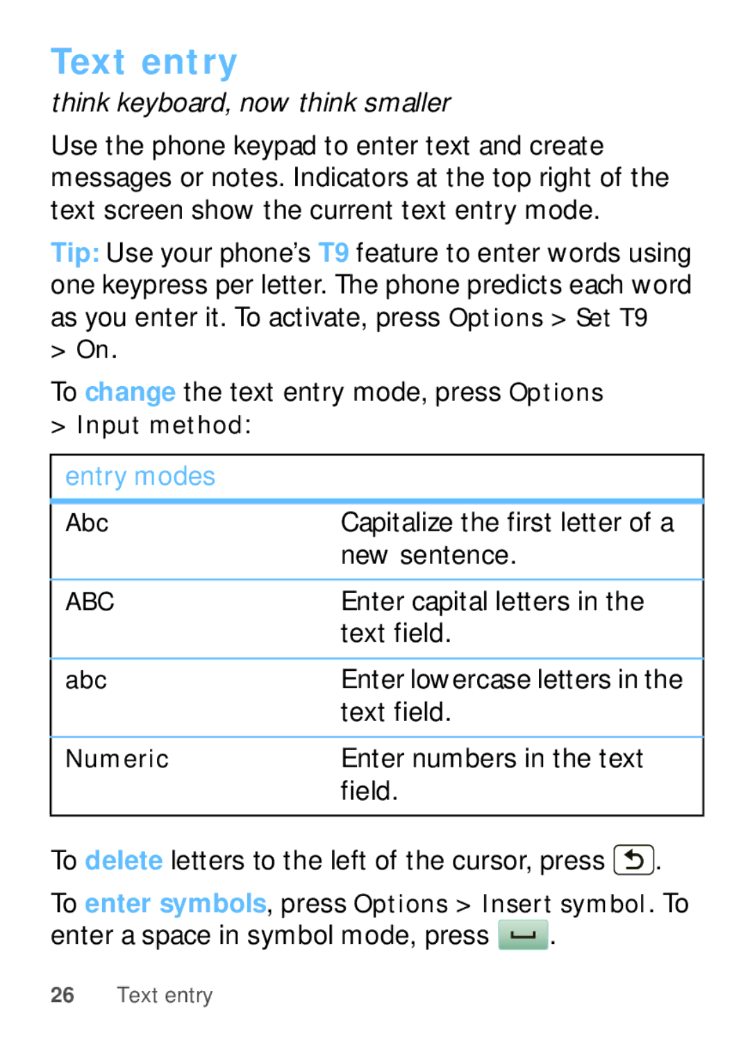 Motorola W409G manual Text entry 