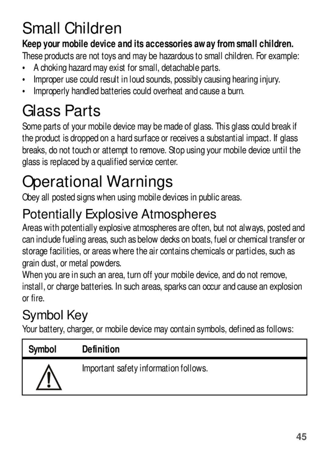 Motorola W409G manual Small Children, Glass Parts, Operational Warnings, Potentially Explosive Atmospheres, Symbol Key 