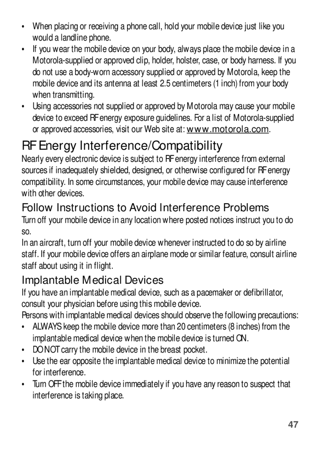 Motorola W409G manual RF Energy Interference/Compatibility, Do not carry the mobile device in the breast pocket 