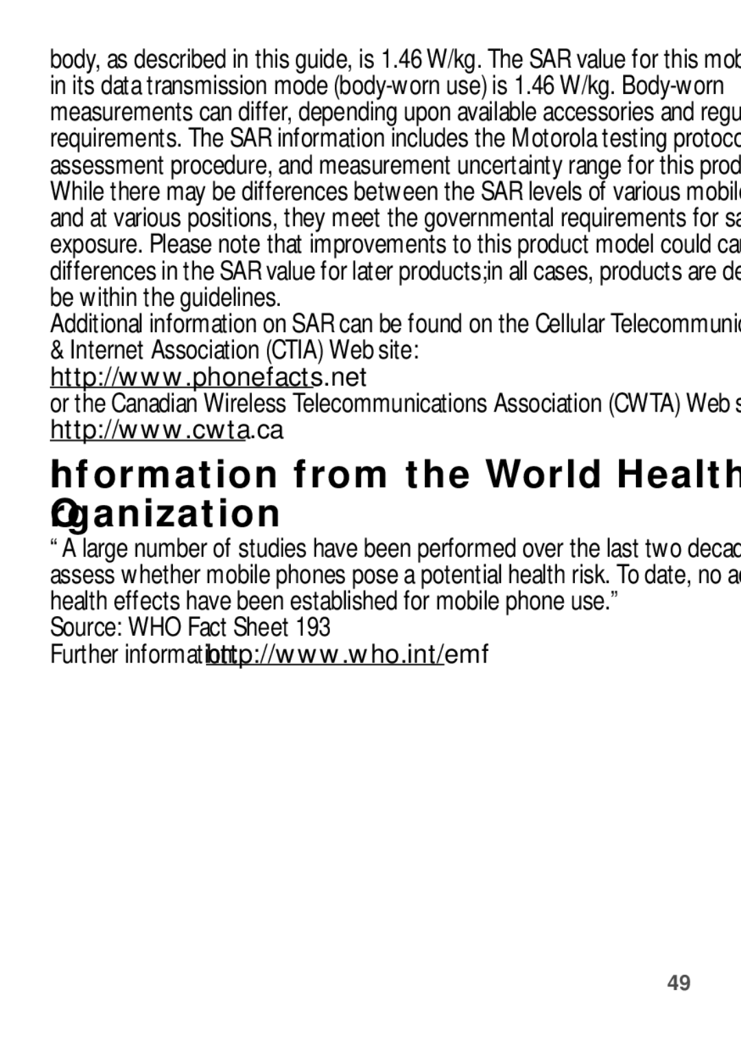 Motorola W409G manual Information from the World Health Organization, Source WHO Fact Sheet 