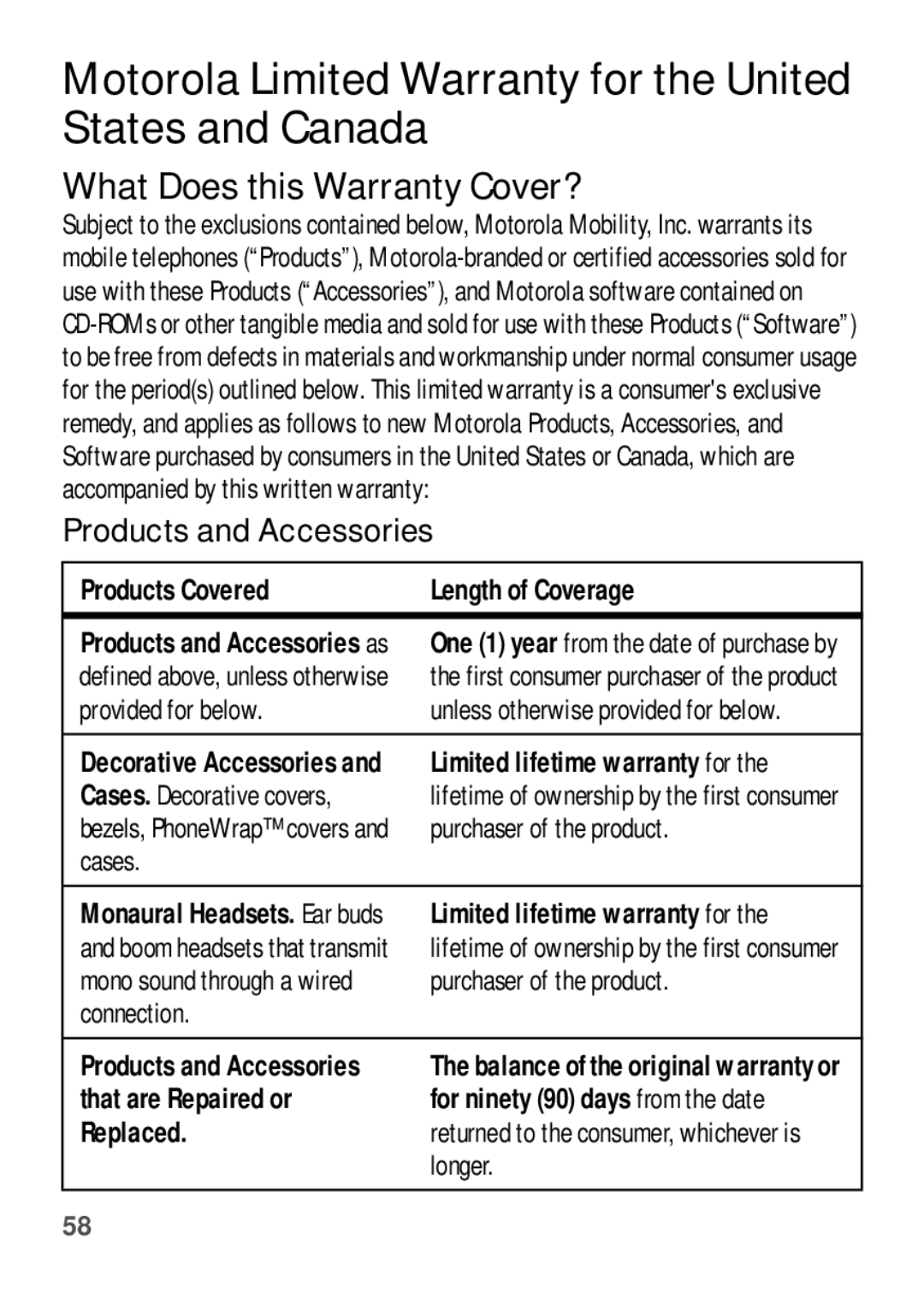 Motorola W409G manual Motorola Limited Warranty for the United States and Canada, What Does this Warranty Cover?, Replaced 