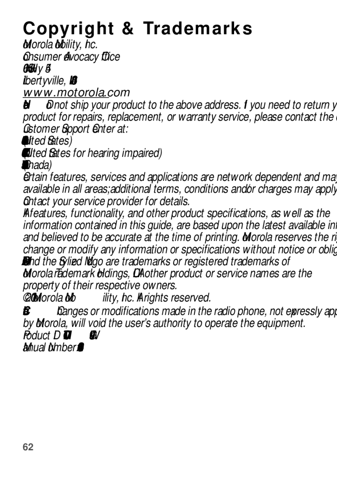 Motorola W409G manual Copyright & Trademarks, United States Canada 