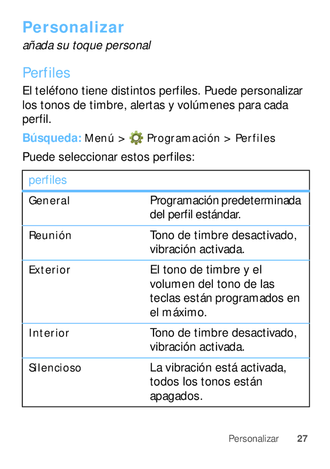 Motorola W409G manual Personalizar, Perfiles 