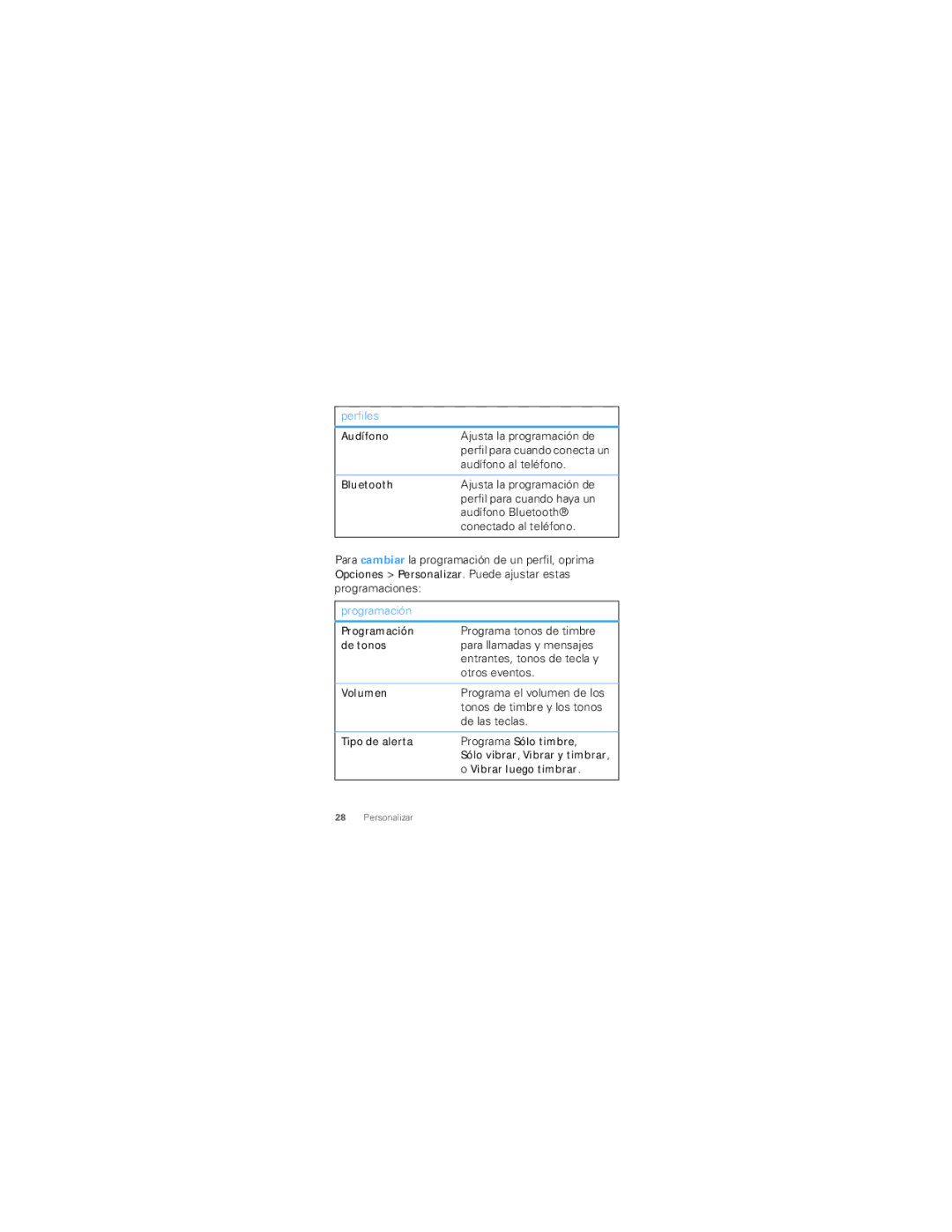 Motorola W418G manual Ajusta la programación de, Audífono al teléfono, Perfil para cuando haya un, Audífono Bluetooth 